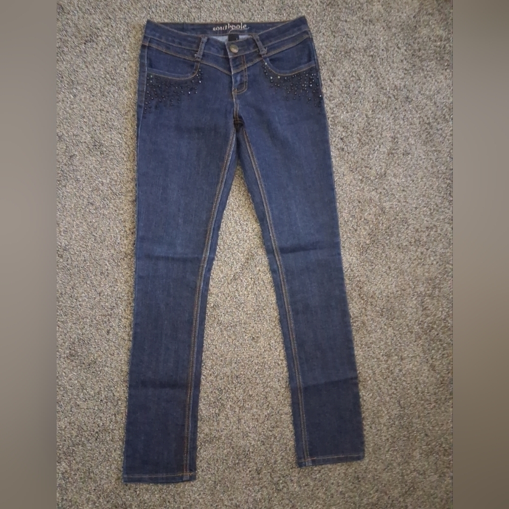 Vintage Y2K Southpole Low-Rise Rhinestone Jeans Dark Wash Skinny/ Straight Sz 5